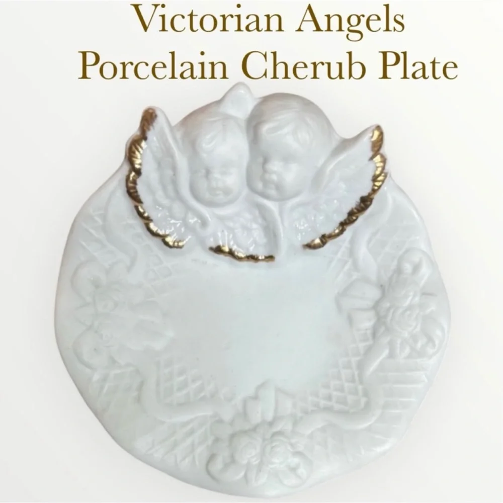 Victorian Angels Porcelain Cherub Plate White Gold Vintage Cottage Core Home
